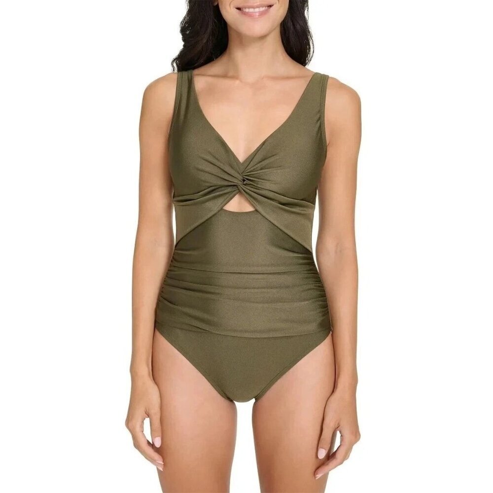 💥 Olive Green Twist Front One Piece Swimsuit N0967 - Picture 1 of 13